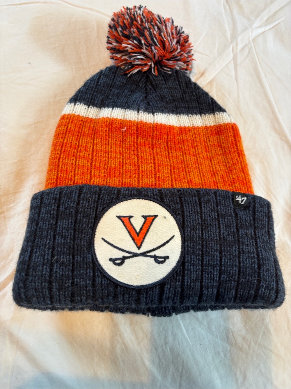 47 Kids Pom Beanie in Navy, Orange and White with Team Patch - Picture 1 of 4
